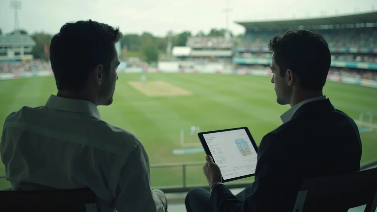 Cricket analyst desk with tactical notes for a match prediction