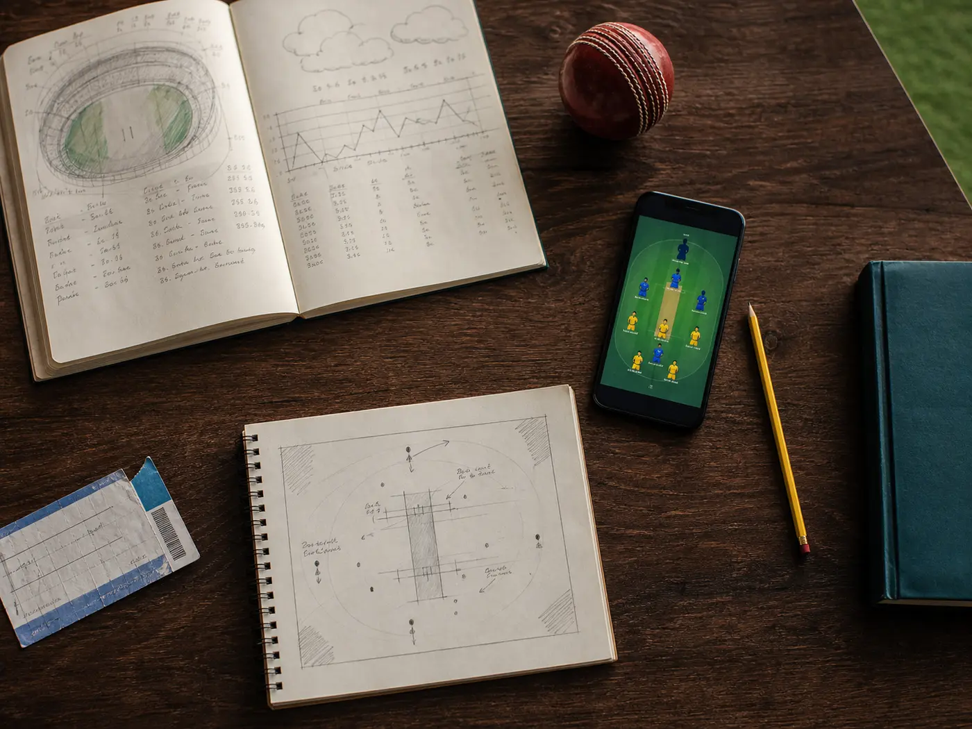 Annotated ledger: a fantasy cricket pitch view with three callout positions